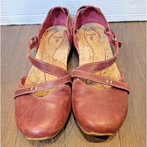 Ahnu Tullia II Leather Mary Jane Ballet Flats Red Comfort Cork Insole Sz 8 Shoes